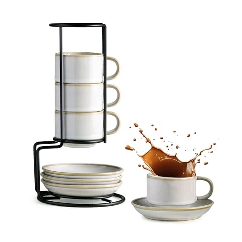 Lightweight 2.5 Ounce Espresso Cups Set of 4 with Saucers Metal Rack 8.25 Count Certified