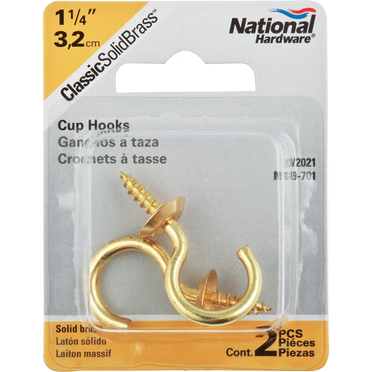 Environmentally Friendly National V2021 1-1 4 In. Solid Brass Series Cup Hook 2 Count Traditional