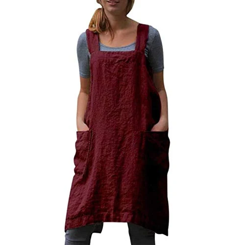 Smooth Cotton Linen Apron Cross Back Apron for Women with Pockets Pinafore Dress for Baking Cooking High-End