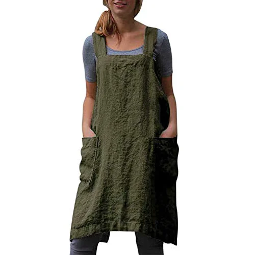 Detailed Cotton Linen Apron Cross Back Apron for Womens with Pockets Pinafore Dress for Baking Cooking Responsible