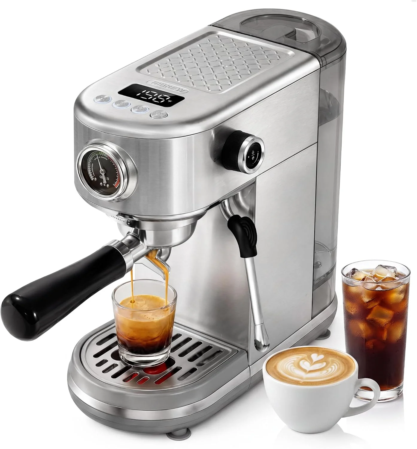 Fast HIBREW H10B Programmable Espresso Machine with LED Display amp Pressure Gauge 20 Bar Compact Stainless Steel Coffee Maker with Milk Frother 51mm Portafilter for Cappuccino Latte Classic