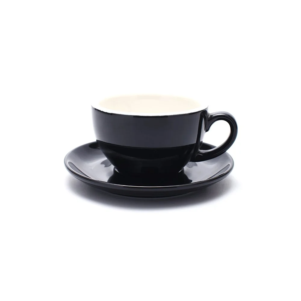 Fine Cappuccino Barista Cup and Saucer Latte Art and Americano New Bone China for Coffee Shop Glossy Black 8.5 oz Soft
