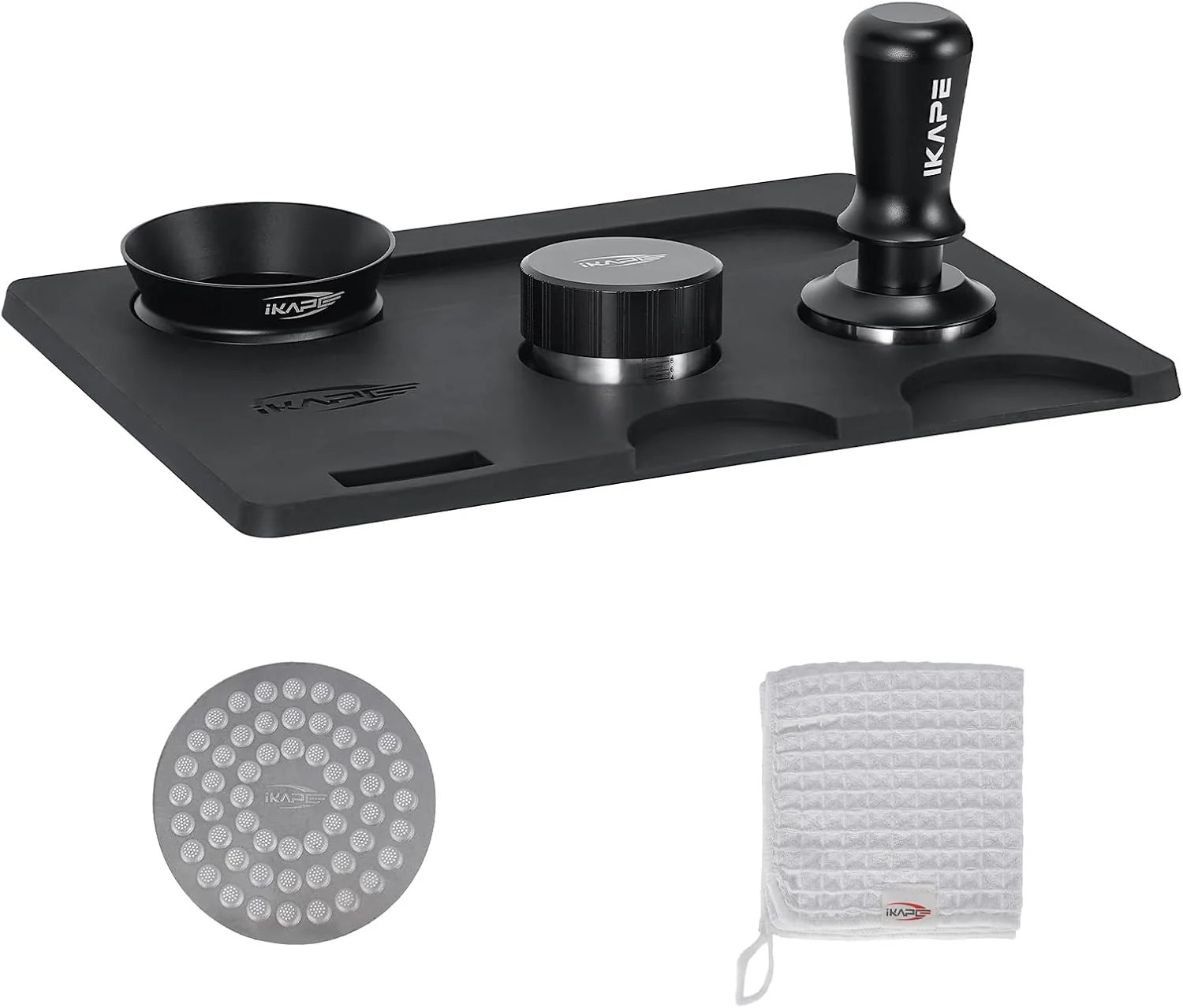 Soft IKAPE 53MM Coffee Tamper Set Black 6 IN 1 Espresso Tamper Distributor Magnetic Dosing Funnel Silicone Mat Puck Screen Cleaning Towel Official