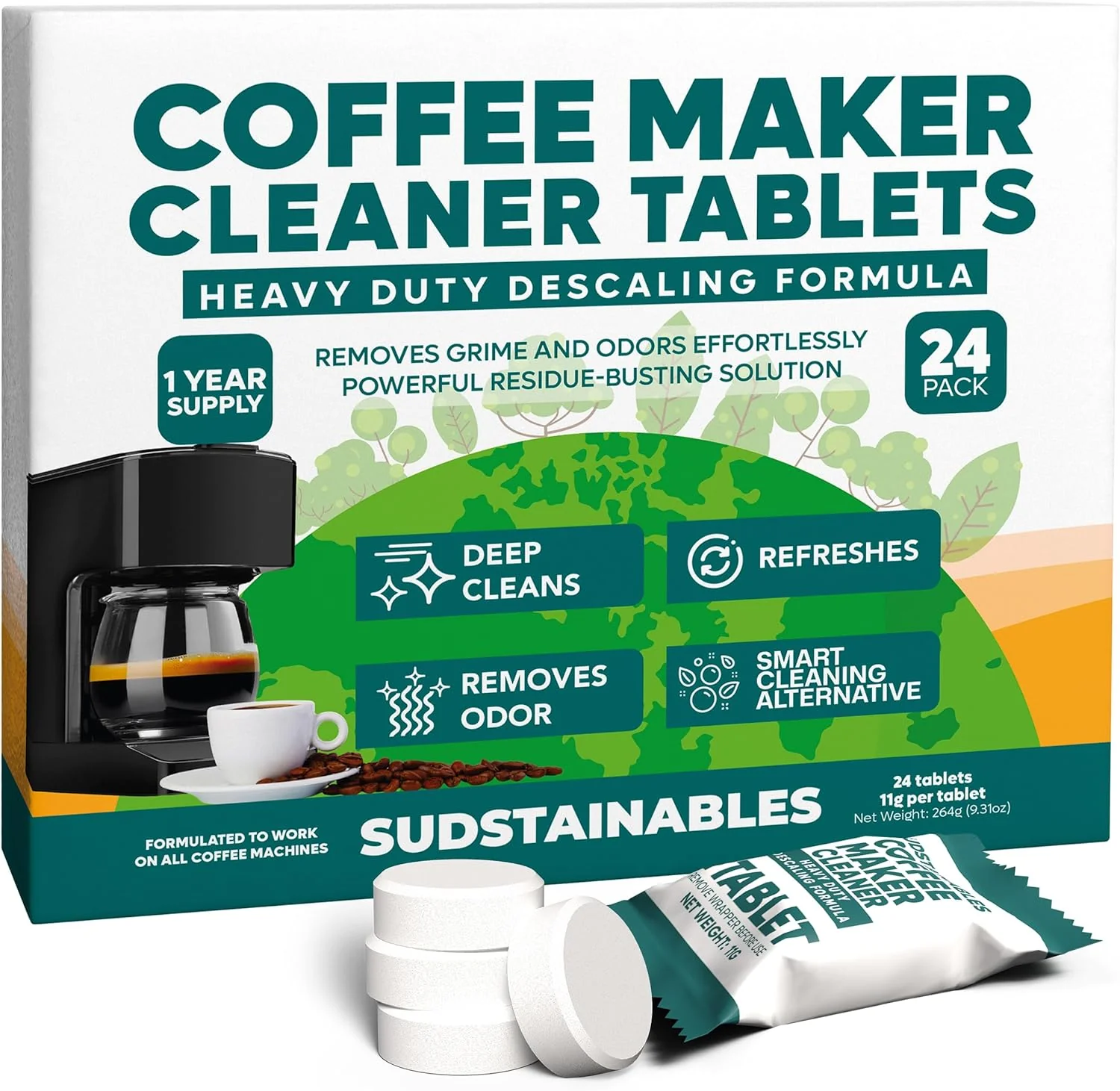 Reliable Sudstainables Coffee Maker Cleaner Tablets Descaler 24 Count Removes limescale coffee oils and stains. Compatible with Keurig Nespresso Breville and espresso machines. Sophisticated