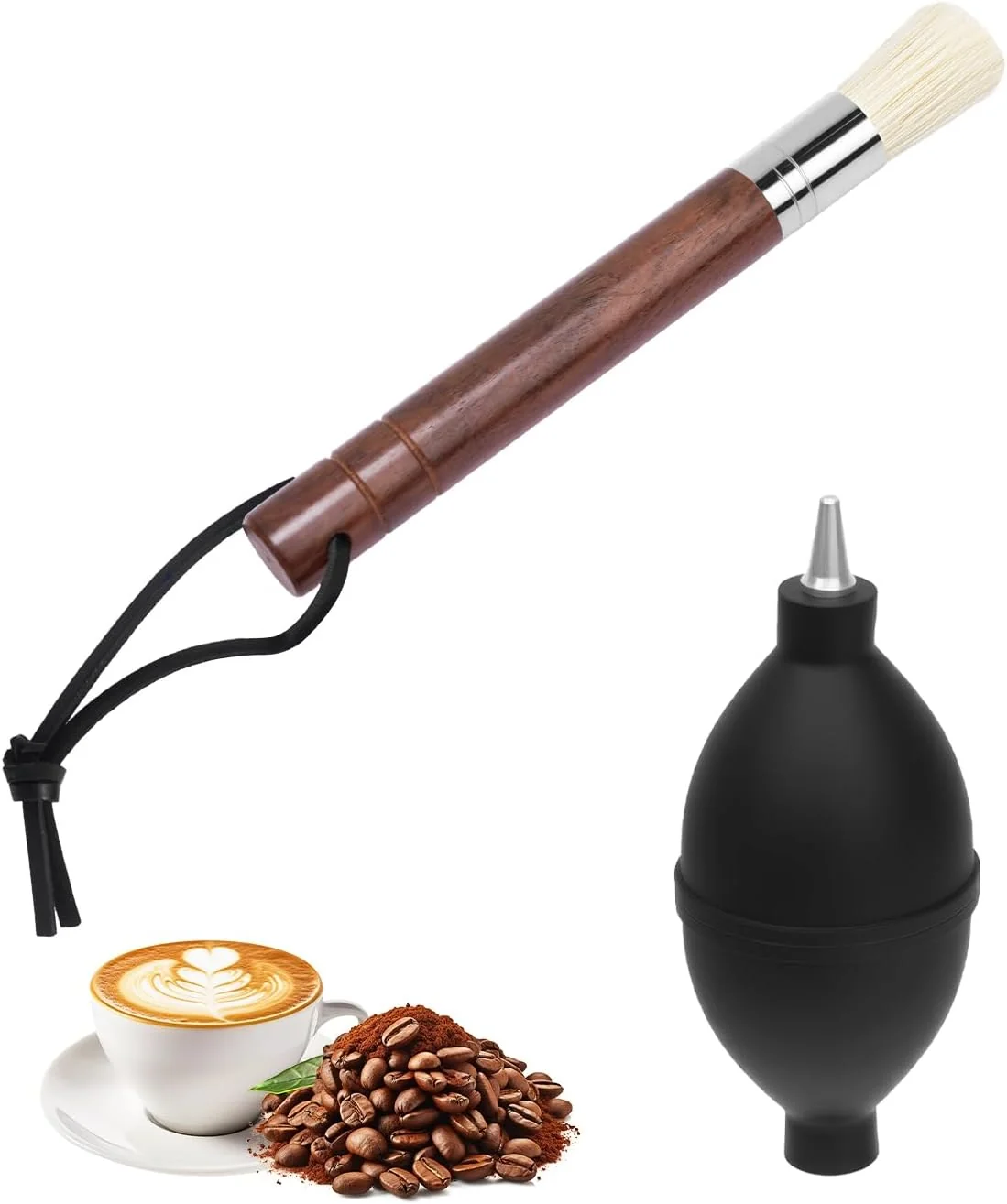 Premium Espresso Brush Kit – Coffee Grinder Brush With Ebony Wood Boar Bristles Lanyard Black Rubber Air Blower Nozzle Compatible With Espresso Machines Proven