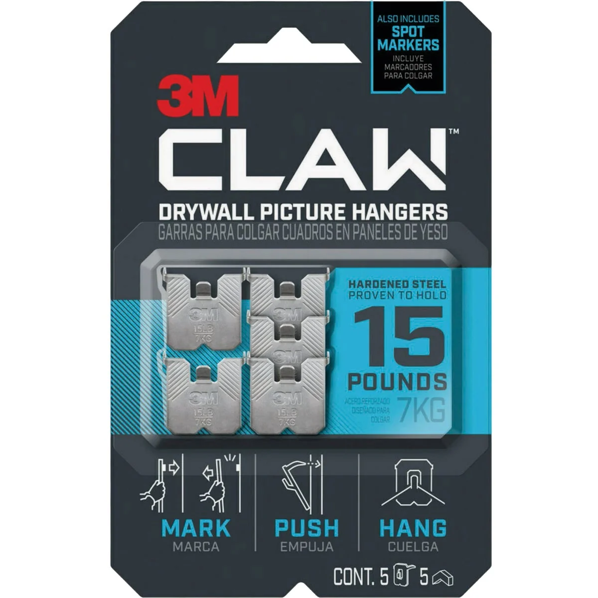 Healthy 3M Claw 15 Lb. Drywall Picture Hanger with Temporary Spot Marker 5 Hangers 5 Markers Professional