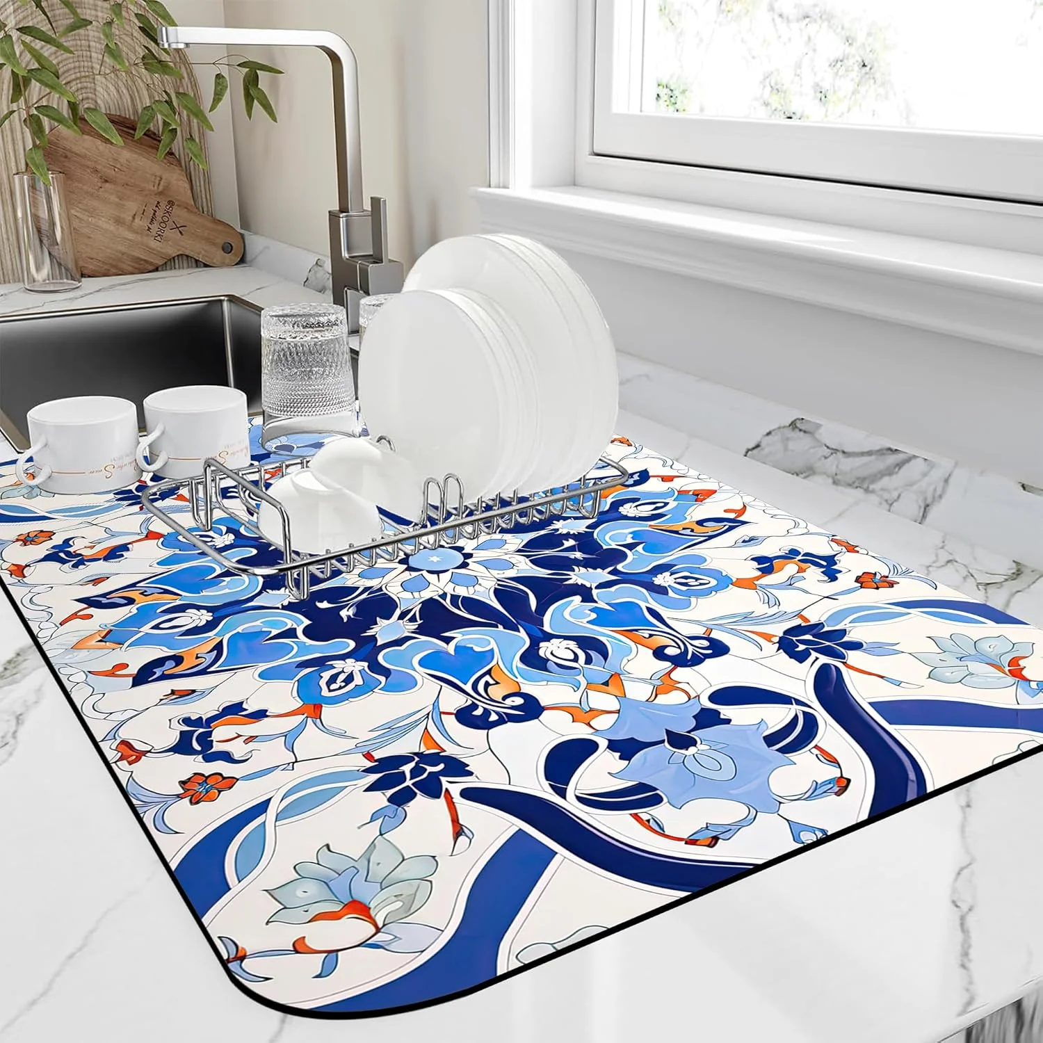 Carefully Designed Dish Drying Mat Mandala Blue Floral Kitchen Mat 12 x19 Bsorbent Coffee Maker Mat for Dishes Breathable