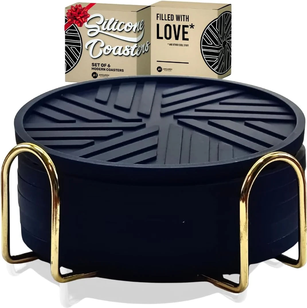 Fast Silicone Black Coasters Set of 6 with Gold Holder – Coffee Table Decor for Home and Office Enhanced