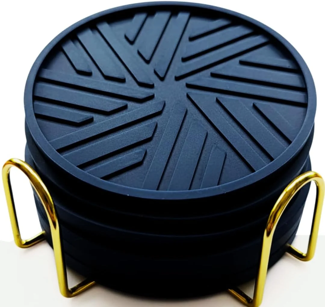 Carefully Designed Navy Blue Coasters Set of 6 – Non-Slip Table Coasters for Drinks with Groove Patterns amp Gold Holder 4 0.23 User-Friendly
