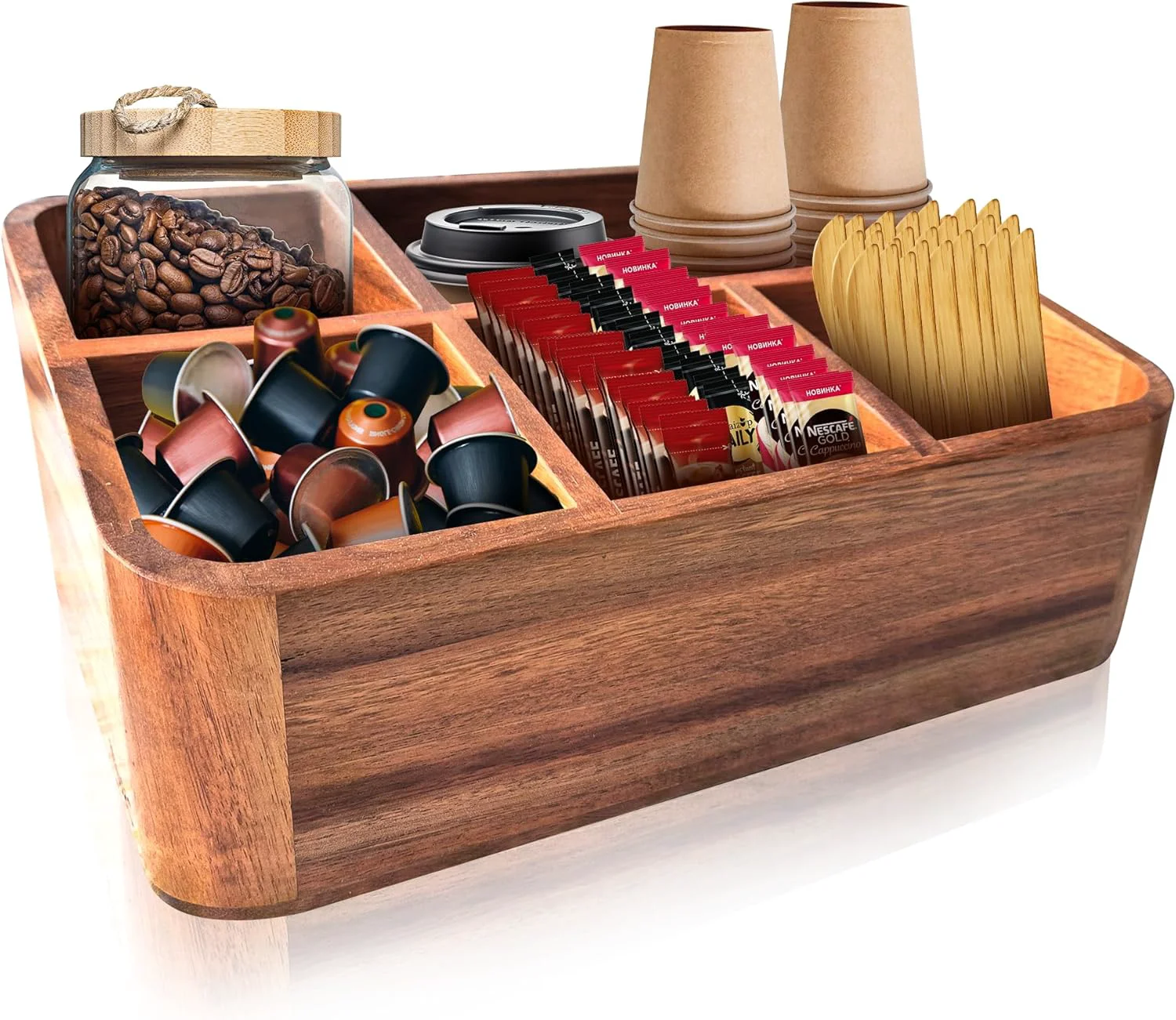Professional Dstuff Acacia Wood Coffee Station Organizer for Countertop Tea Organizer and Holder Easy-to-Use