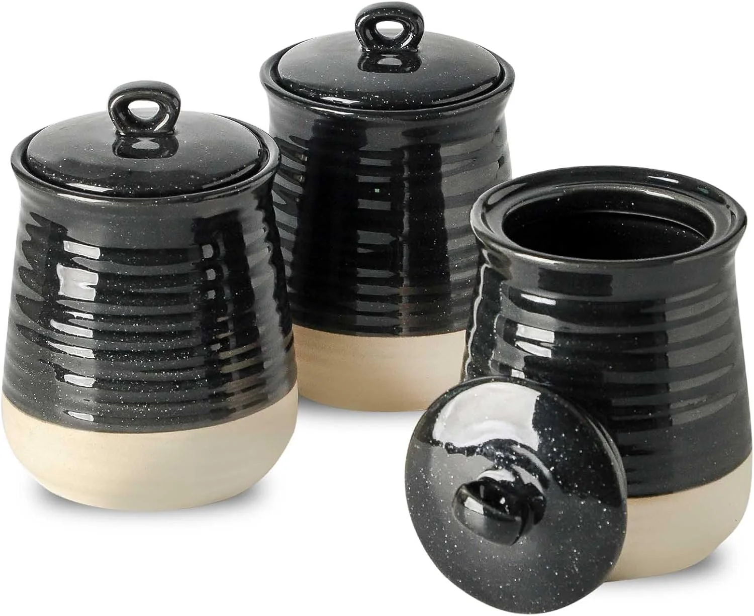 Trusted Ceramic Food Storage Jars 25 Oz Porcelain Kitchen Canisters with Airtight Lids Set of 3 Flour Containers for Countertop Farmhouse Decor Serving Ground Coffee Tea Sugar Pasta and Rice Black＆White Clean