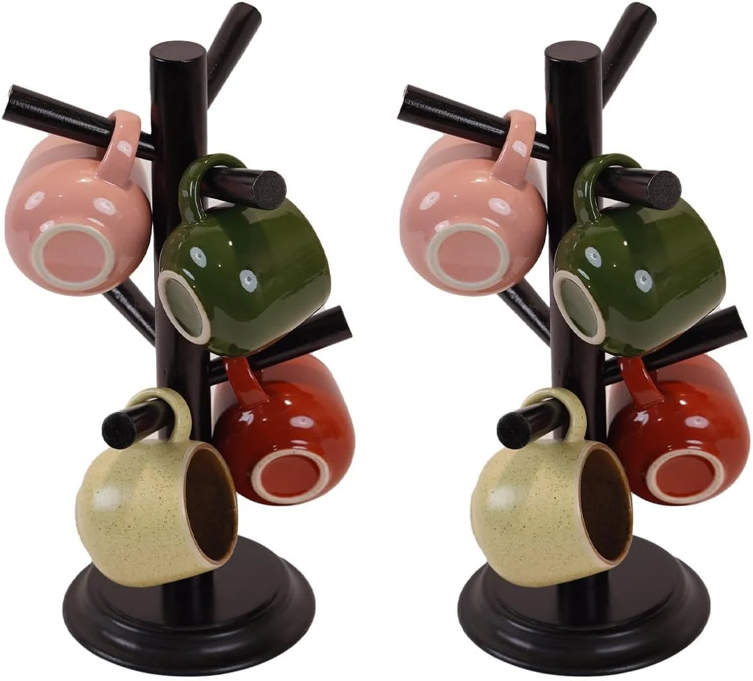 Refined Pack 2 Mug Tree 6 Hooks Rubberwood 13.5 x7 x7 Strudy Thick Base Large Small Cup Holder Tree Wooden for Jewelry Kitchen Tools Pantry Advanced