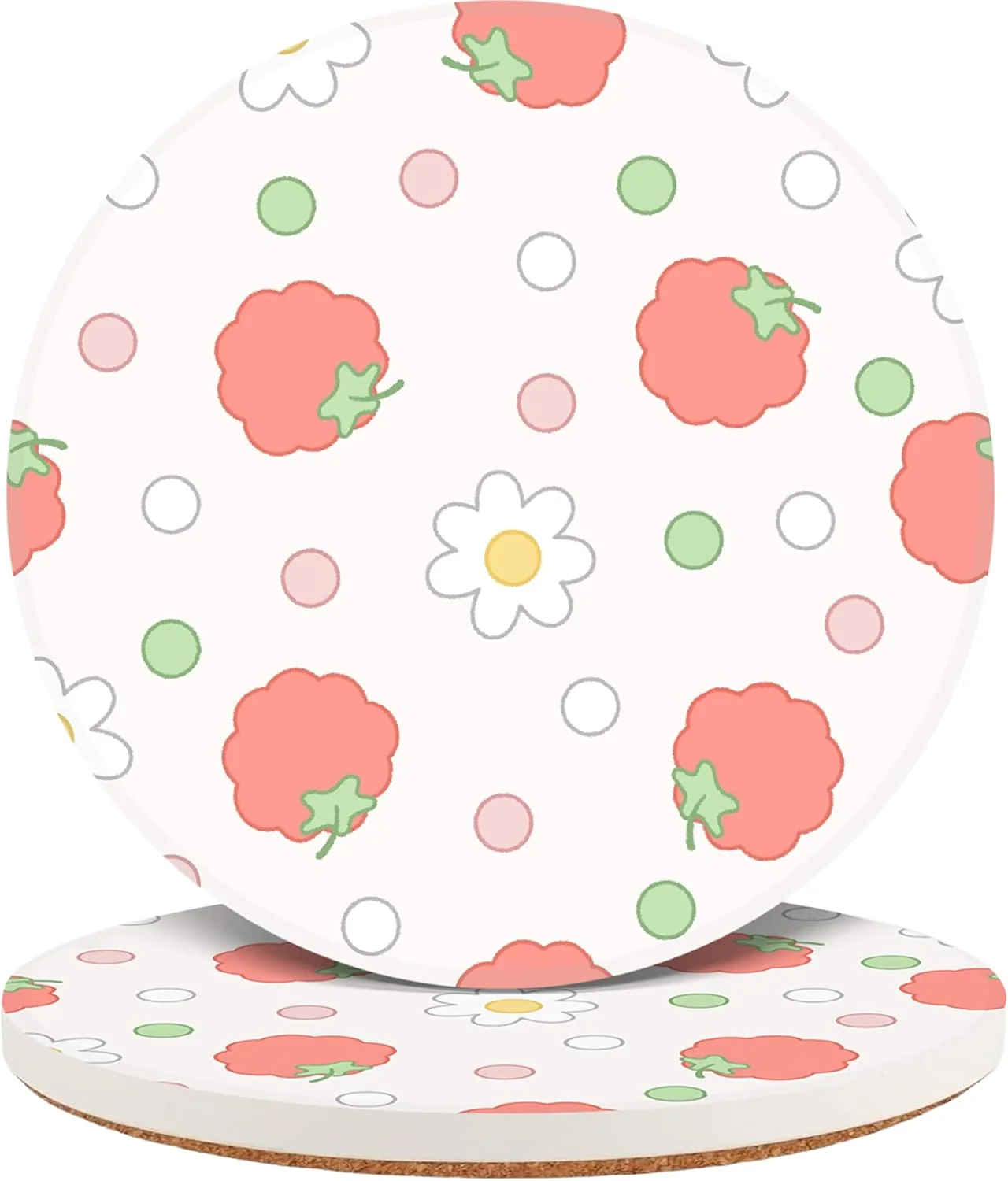 Authentic Ceramic Coasters Set of 2 Absorbent Drink Coasters with Cork Backing Cute Strawberry Daisy Design Round Tabletop Cup Coasters for Home Kitchen Detailed