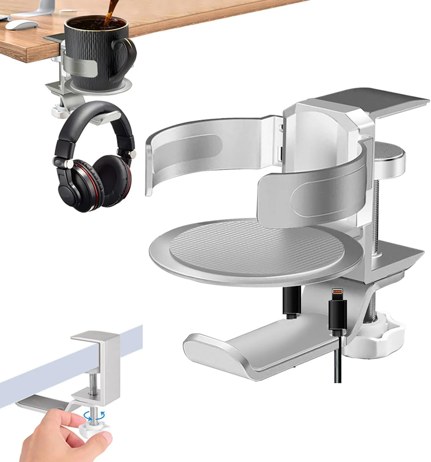 Fashionable 3 in 1 Gaming Cup Holder Multifunctional Desk Mounted Cup and Headphone Holder Adjustable Clamp Mount 15KG Load Capacity Sustainable