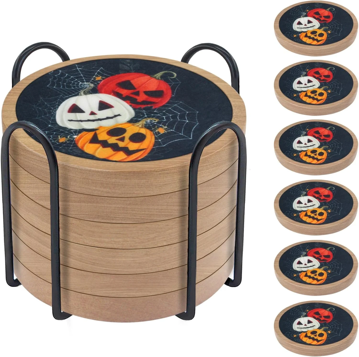 Environmentally Friendly Halloween Coasters Set of 6 Pumpkins Coaster Minacun Black Absorbent Coasters with Holder Halloween Thanksgiving Themed Party Decoration 4.3 Inch Exceptional
