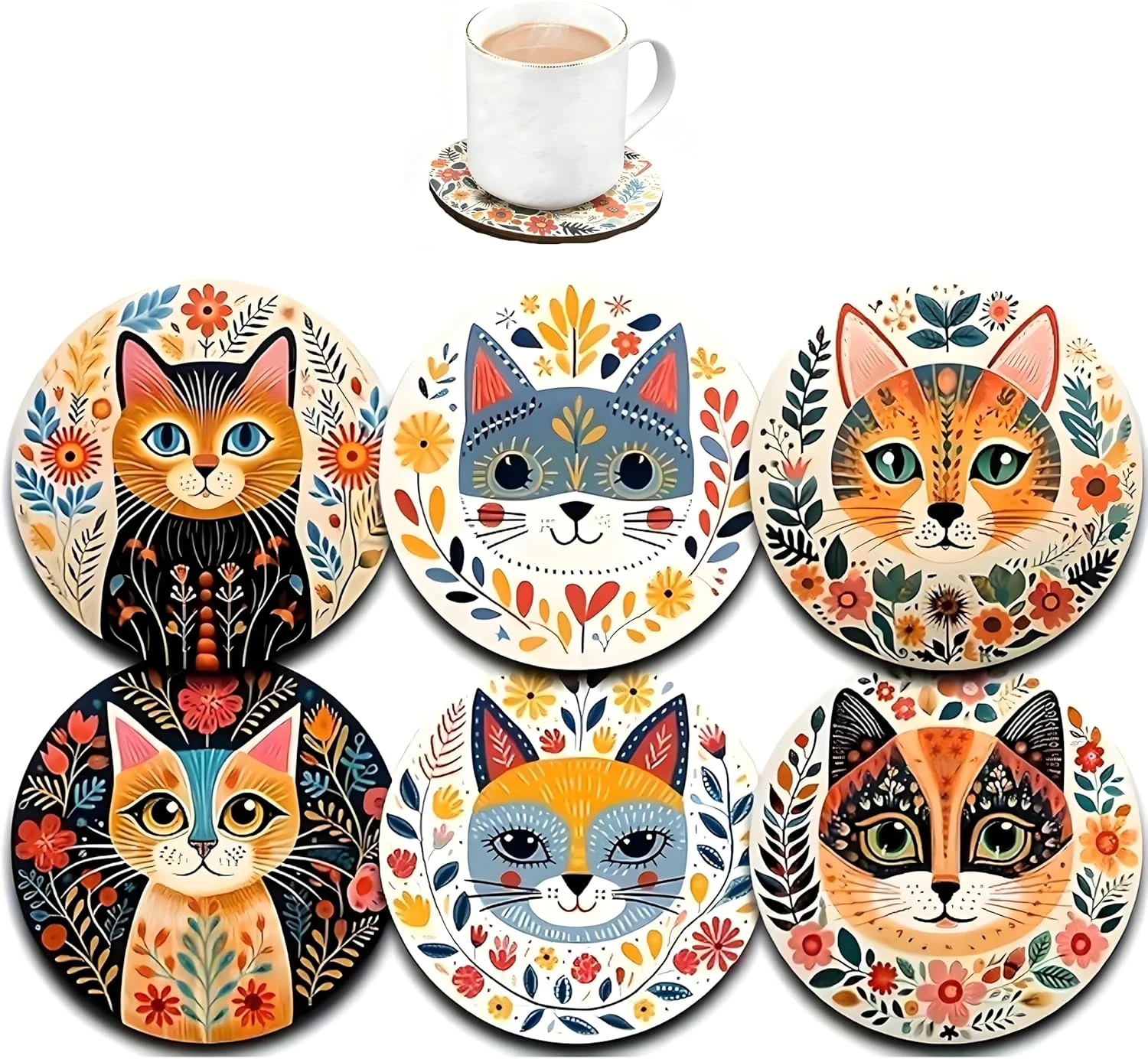 Elegant Coasters Set of 6 Wood Coasters for Drinks – Handcrafted Cat Design Thick Heat-Resistant for Beer Coffee Office Bar Farmhouse Home Decor Next-Generation