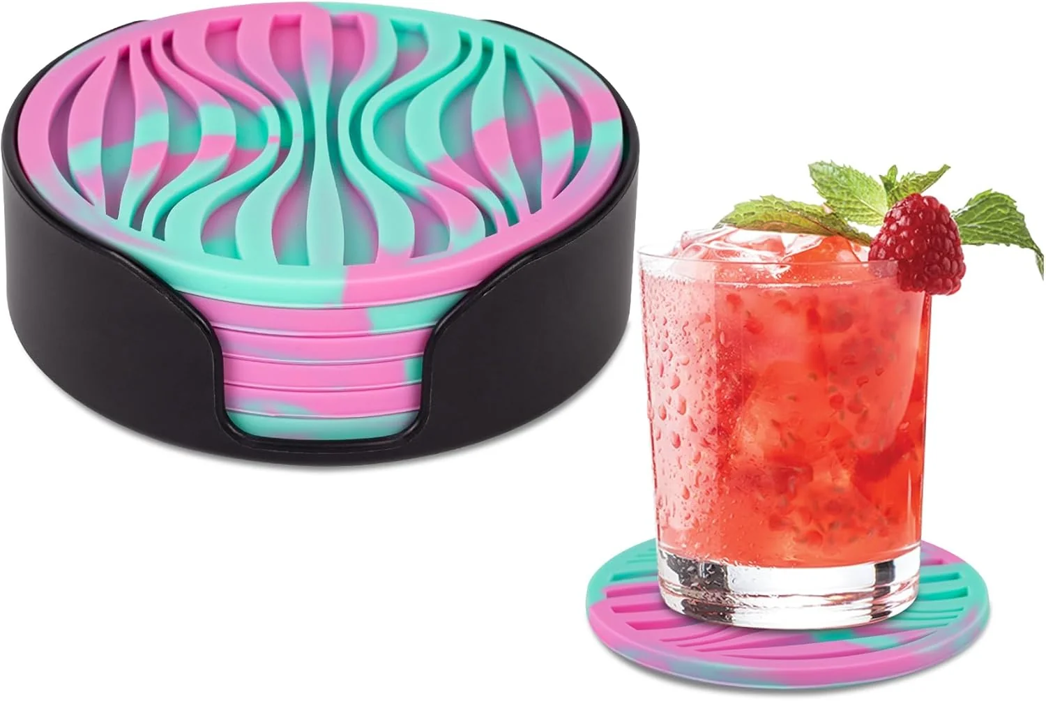 Effective 6 Pack Drink Coasters Plastic Coaster with Holder Non-Slip Silicone Cup Mat Rubber Coasters Live for Hot or Cold Drink Certified