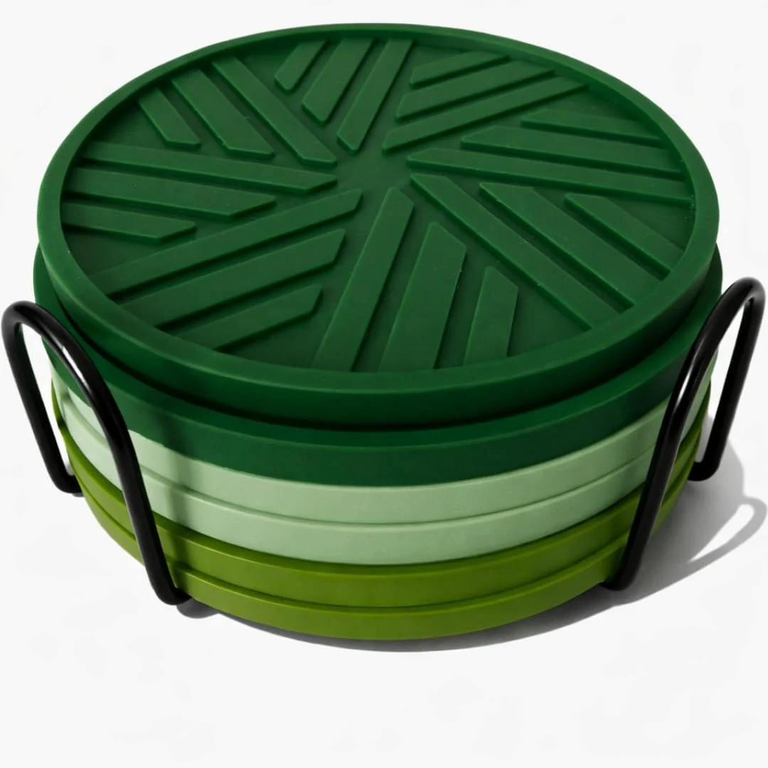 Carefully Designed Silicone Coasters Set of 6 with Modern Patterns for Coffee Table Decor – Dark Green Sage Selected