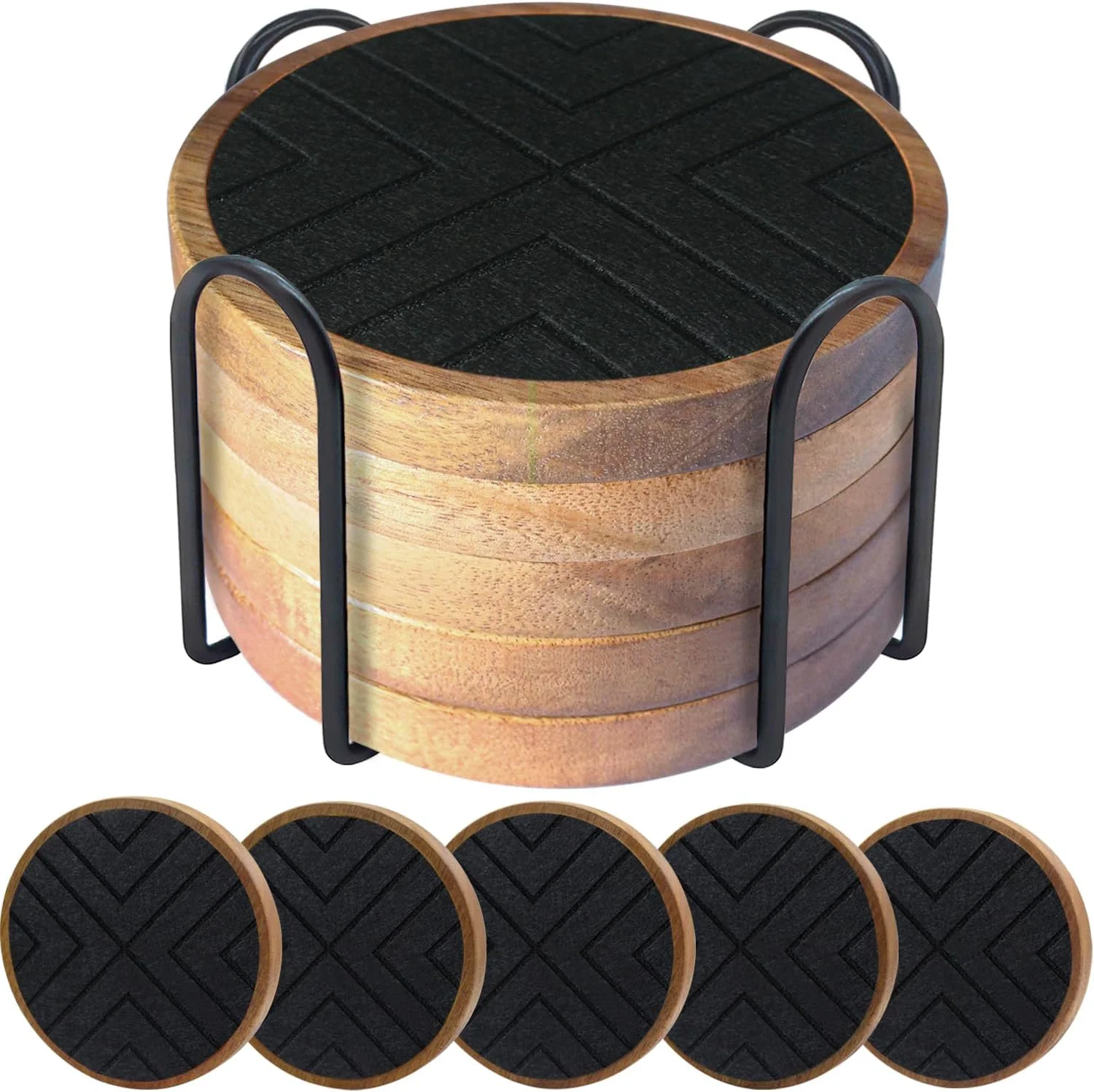 Official Coasters for Drinks Absorbent 5 Pack Coasters for Coffee Table with Holder Non-Slip Non-Stick Suit for Kinds of Cups 4.3 inch Black World-Class