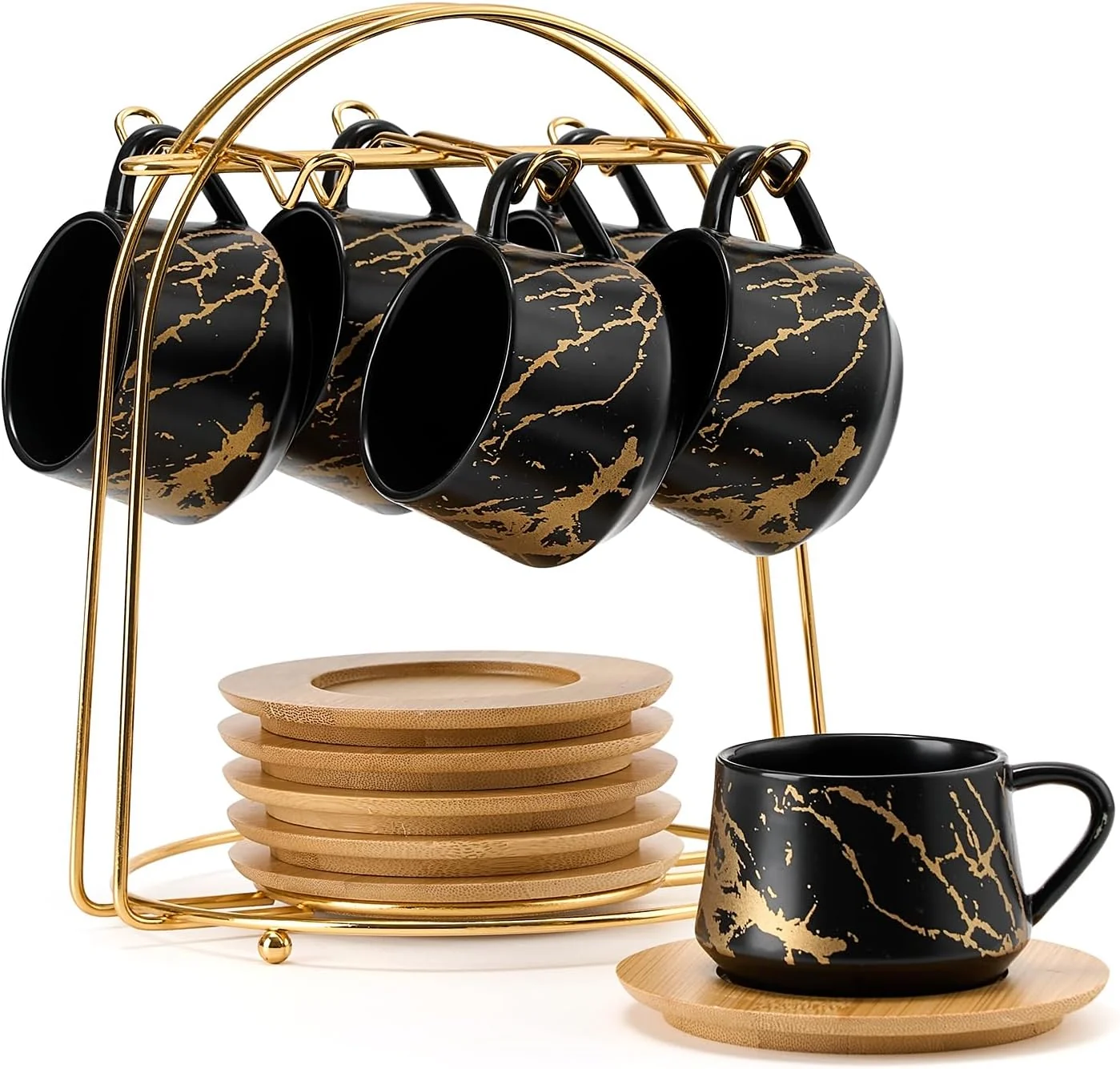 Crafted Luka Ceramic Espresso Cups with Saucers and Metal Stand Small 4 oz Porcelain Demitasse Cups Set of 6 Artisan