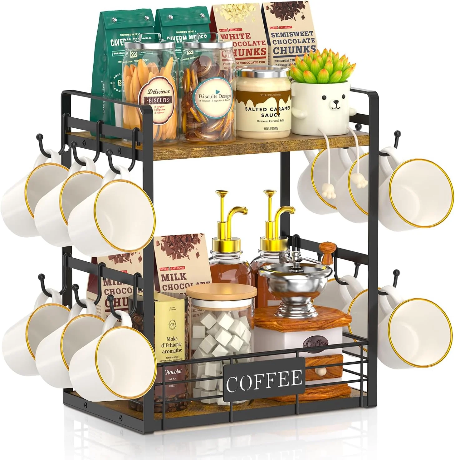 Professional EsLuker.ly Coffee Mug Cup Holder Tree Bar Station Organizer 2 Tier Mug Stand Rack for Countertop Kitchen Storage Tower Display Shelf with 12 Hooks Refined