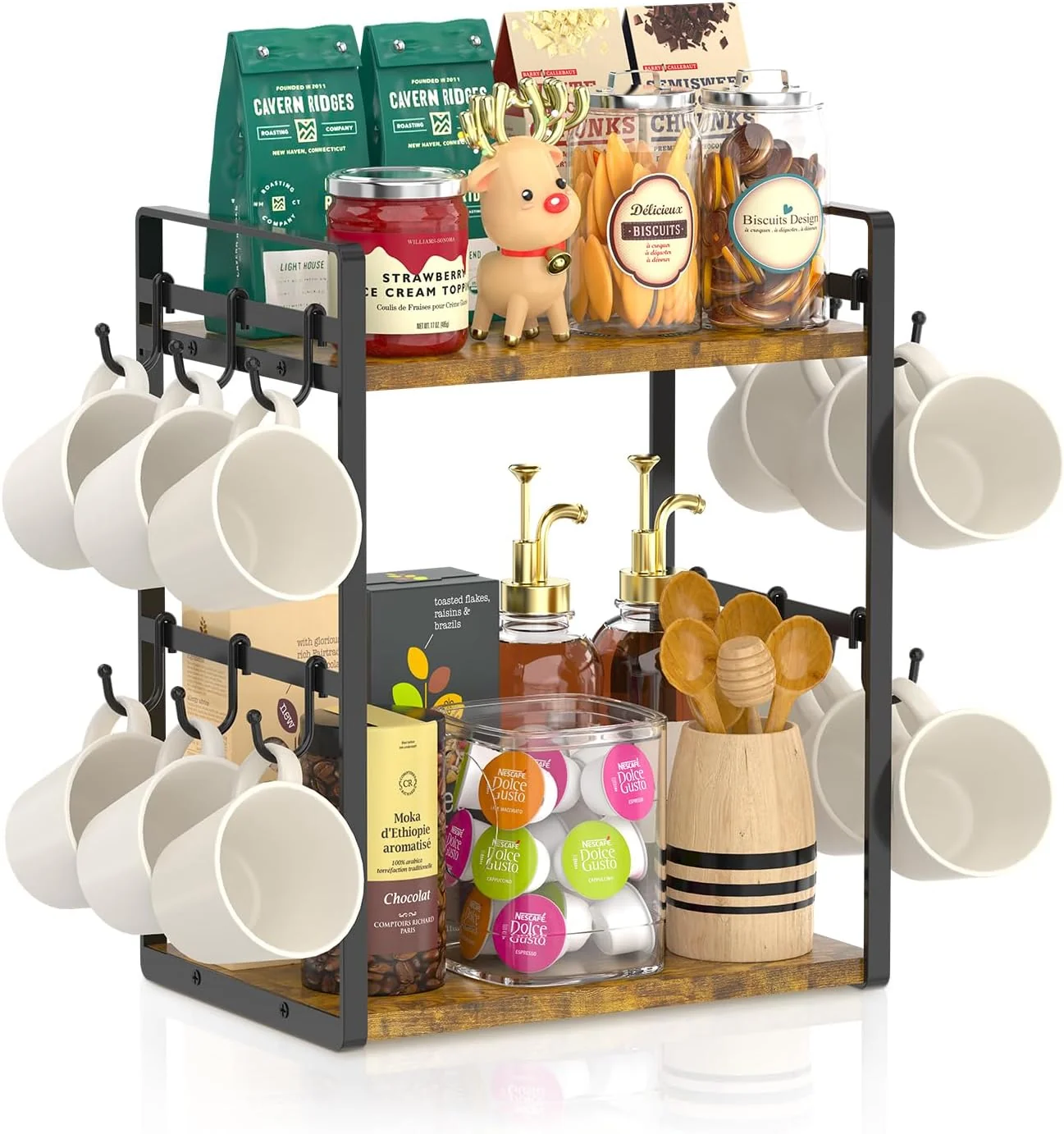 Premium Material EsLuker.ly 2 Tier Coffee Mug Holder Station Bar Organize Countertop Mug Cup Tree Rack for Kitchen Office Storage Shelf with 12 Removable Hooks Classic