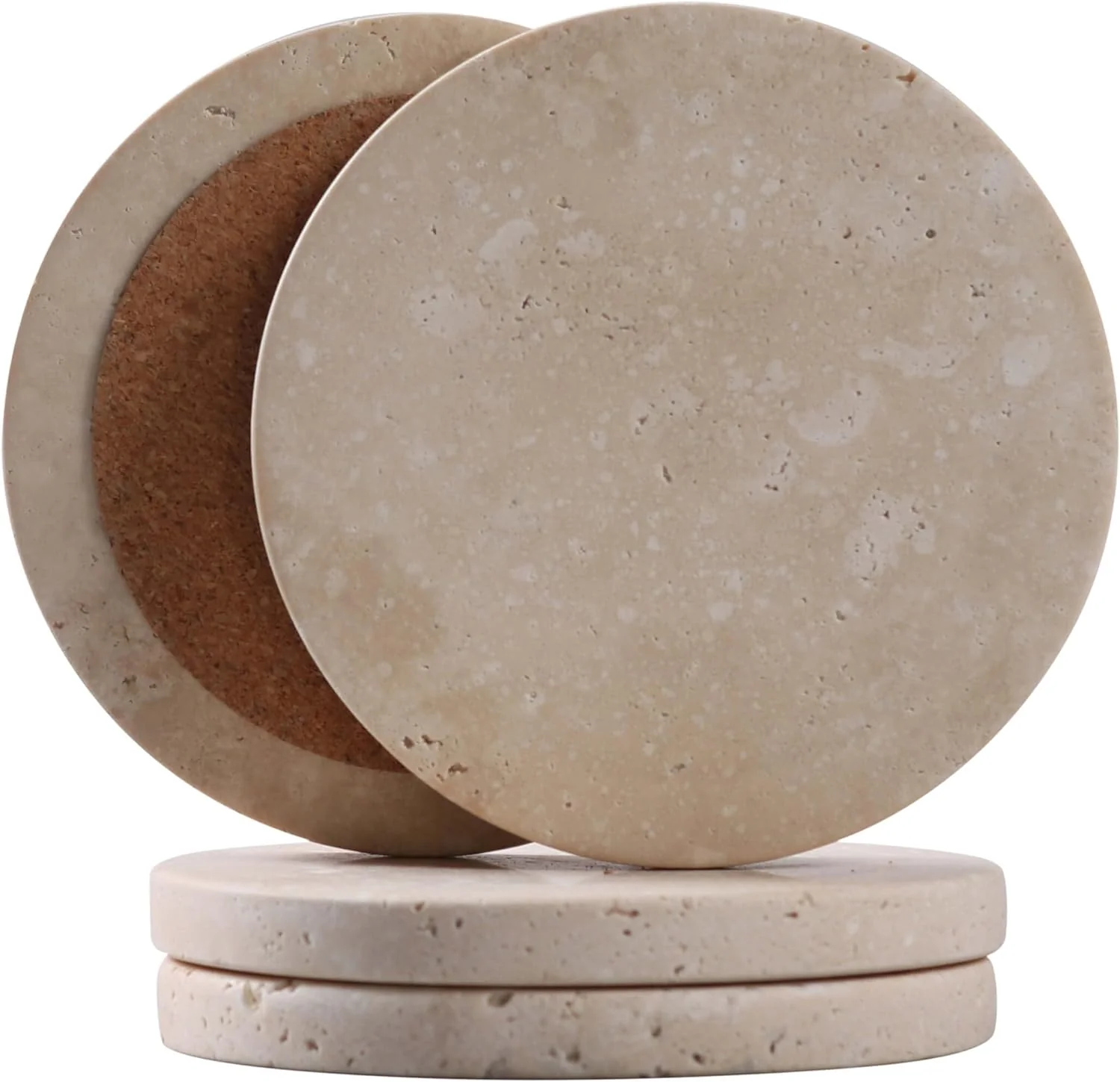 Premium Material CASACOUTURE-Travertine-Stone-Coasters Set of 4-Round -4 Diameter Drink Coasters for Housewarming Gift Detailed