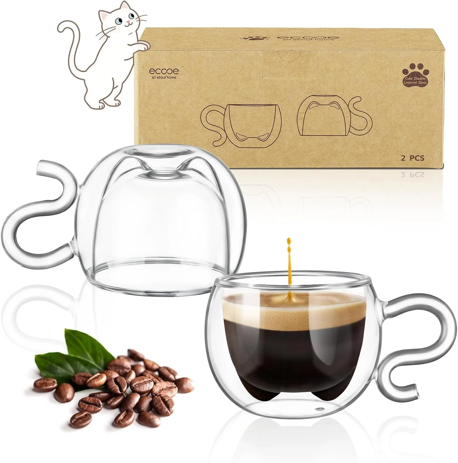 World-Class ecooe 4.4 Oz Cute Cat Double Wall Glasses Espresso Cups Set of 2 Demitasse Cups Espresso Shots Coffee Cups Birthday Christmas Gifts for Women Men Mum Kids 130 ml full capacity Classic