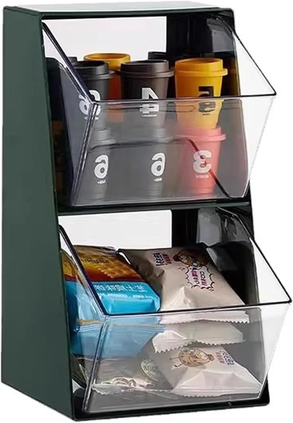 Trendy K Cup Holder Large Capacity Tea Bag Organizer with 2 Drawers Clear Coffee Pod Storage for Creamer Sugar Snack Stationery Cookies Hair Tie Natural