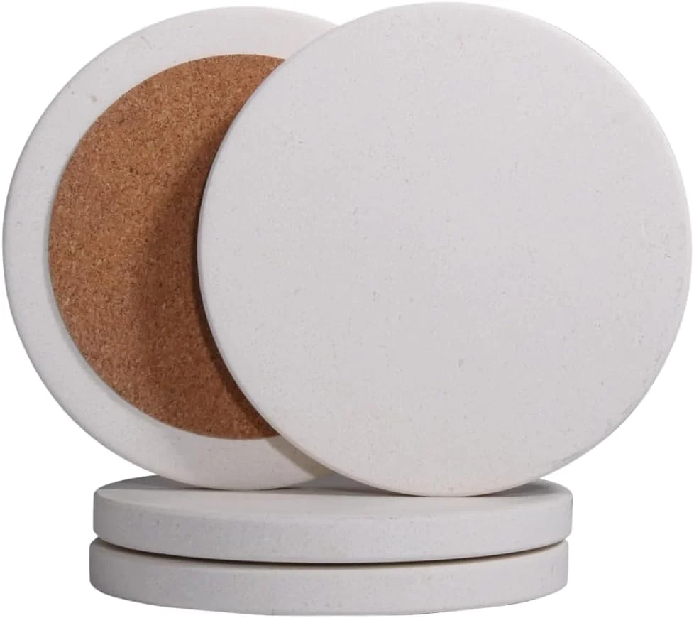 Soft Casacouture- Absorbent Stone Coasters Set of 4 – Round 4 Diameter Cream White Marble Drink Coasters for Housewarming Gift Natural Semi Original Design