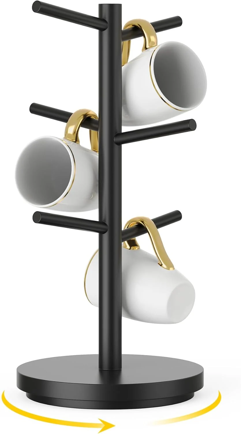 High-Performance Wisuce Coffee Mug Holder Tree Upgraded 360Rotated Cup Holder for Counter Black Wood Cup Tree Mug Rack Organizer Stand with 6 Hooks for Kitchen Coffee Long-Lasting