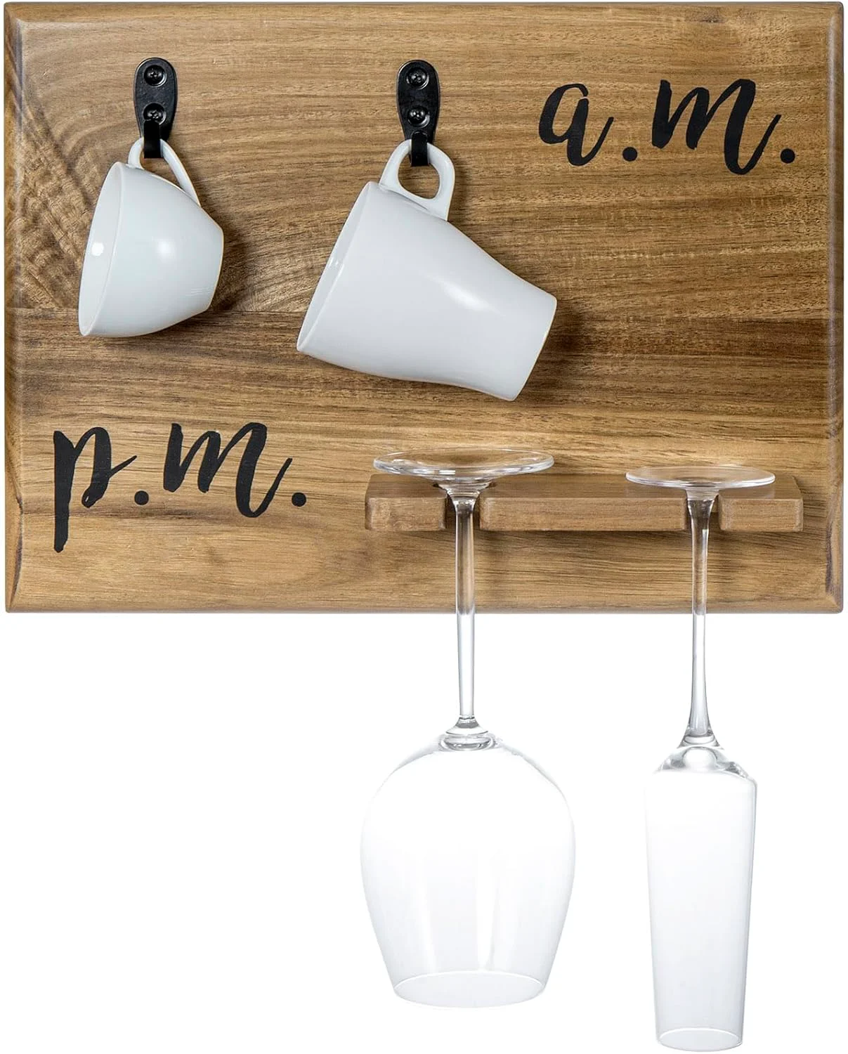 Sophisticated MyGift Premium Solid Acacia Wood Wall Mounted Mug and Wine Glass Holder Rack – Rustic Coffee and Wine Bar Organizer with Cursive A.M. P.M. Design Authentic