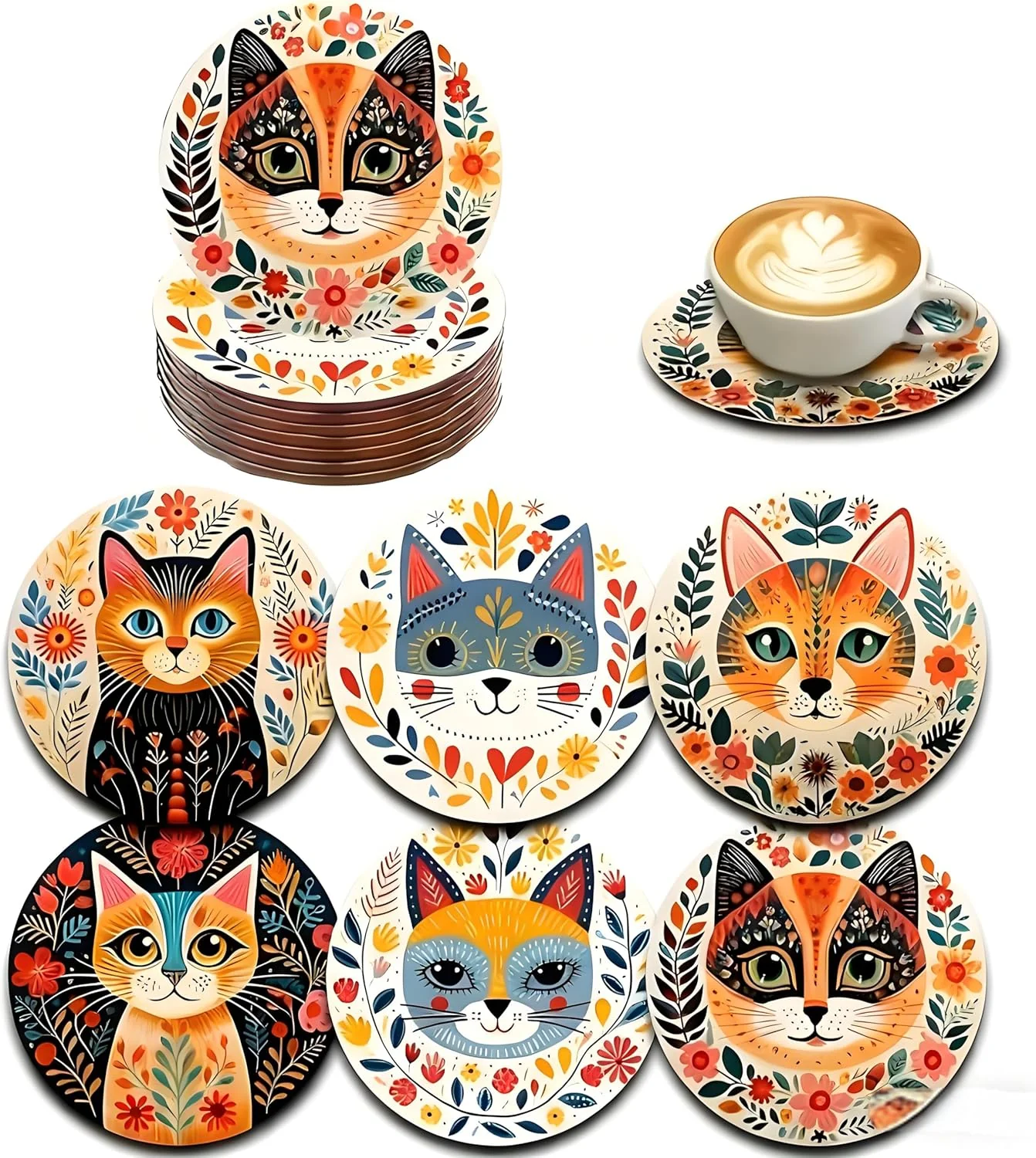 Top-Quality Wood Coasters Set of 6 – Handcrafted Drink Coaster Thick Heat-Resistant for Office Bar Farmhouse – Cute Cat Drink Cup Coasters for Table Protection Official