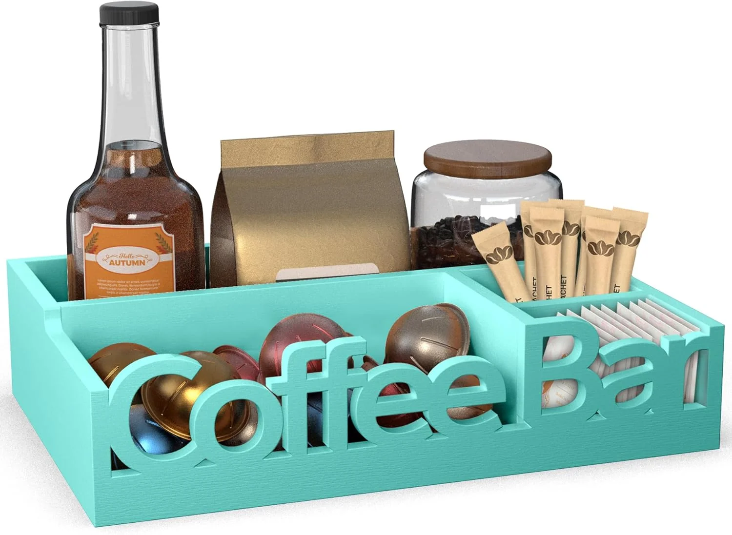 Fast Coffee Bar Organizer for Countertop – Wood Coffee Pods Holder Storage Basket Essential Coffee Bar Accessories for Home and Office Mini Coffee Bar Certified