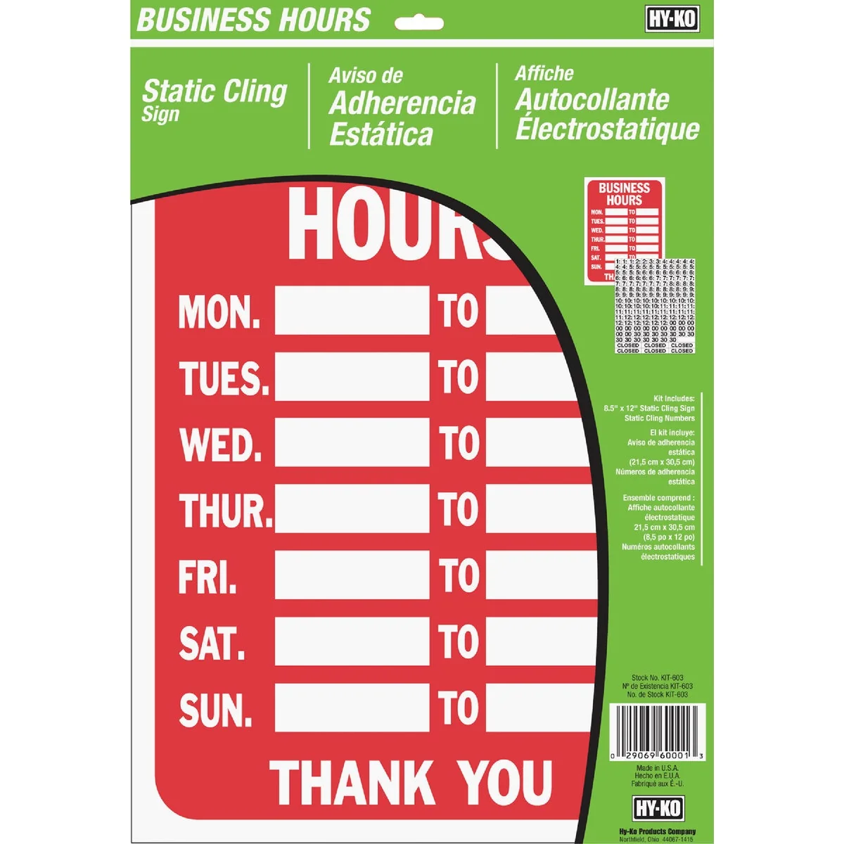 Versatile Hy-Ko Static Cling Sign Business Hours Premium Material
