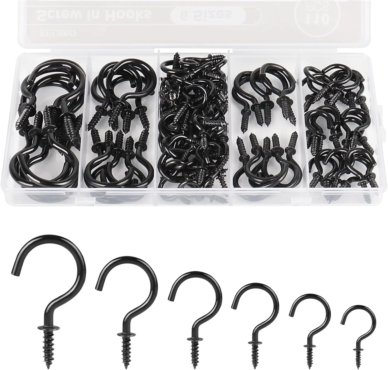 Green RELBRO Screw Hooks 6 Sizes Metal Screw in Cup Hooks Black 110 Pcs Fashionable