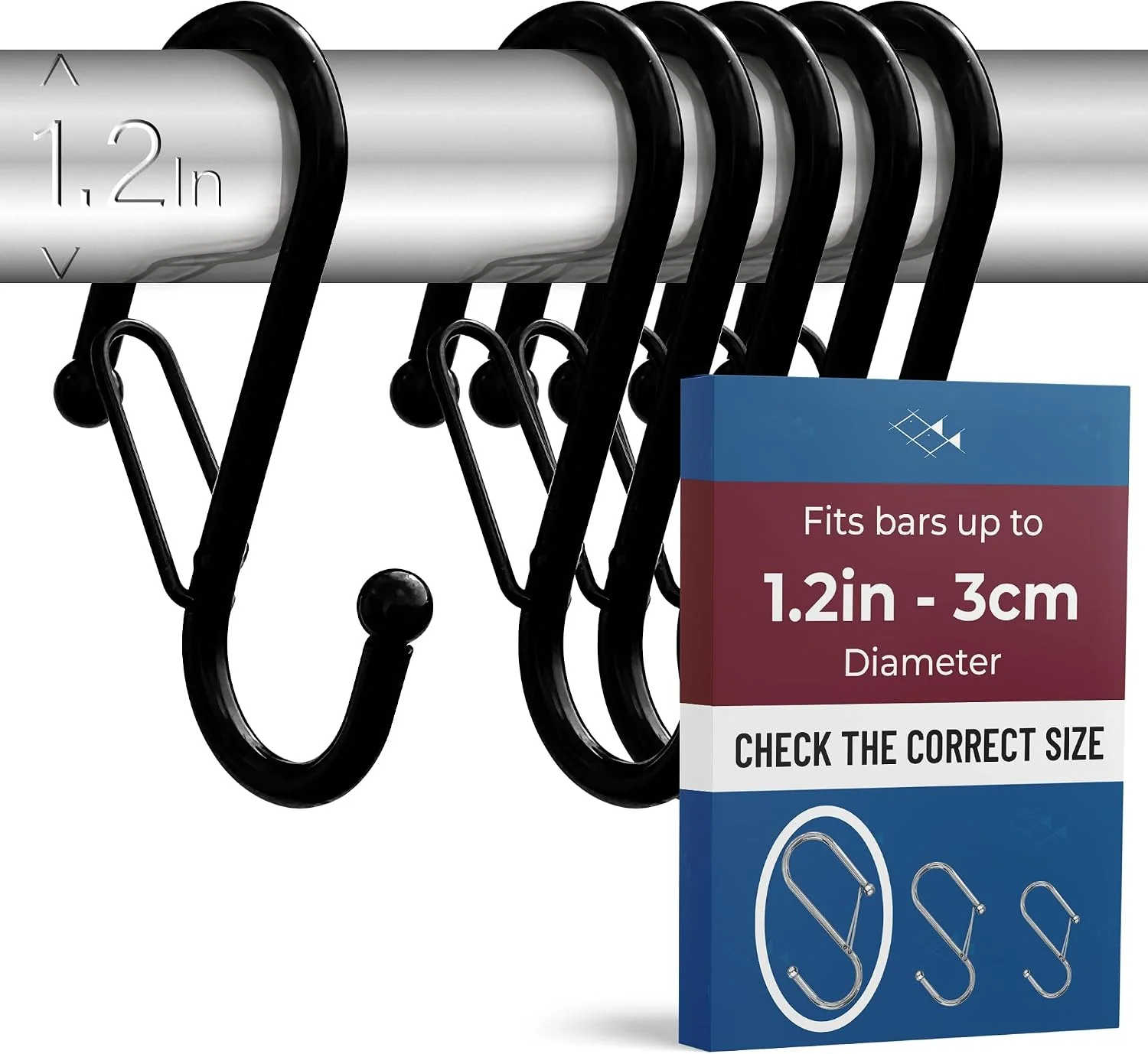 Environmentally Friendly 6 S-Shaped Hooks with Anti-Fall System. Anti Drop S-Shaped Hook with Safety Buckle to Prevent Falls. Heavy Duty. Black 4in Long Diameter Rod lt 1.2in Refined