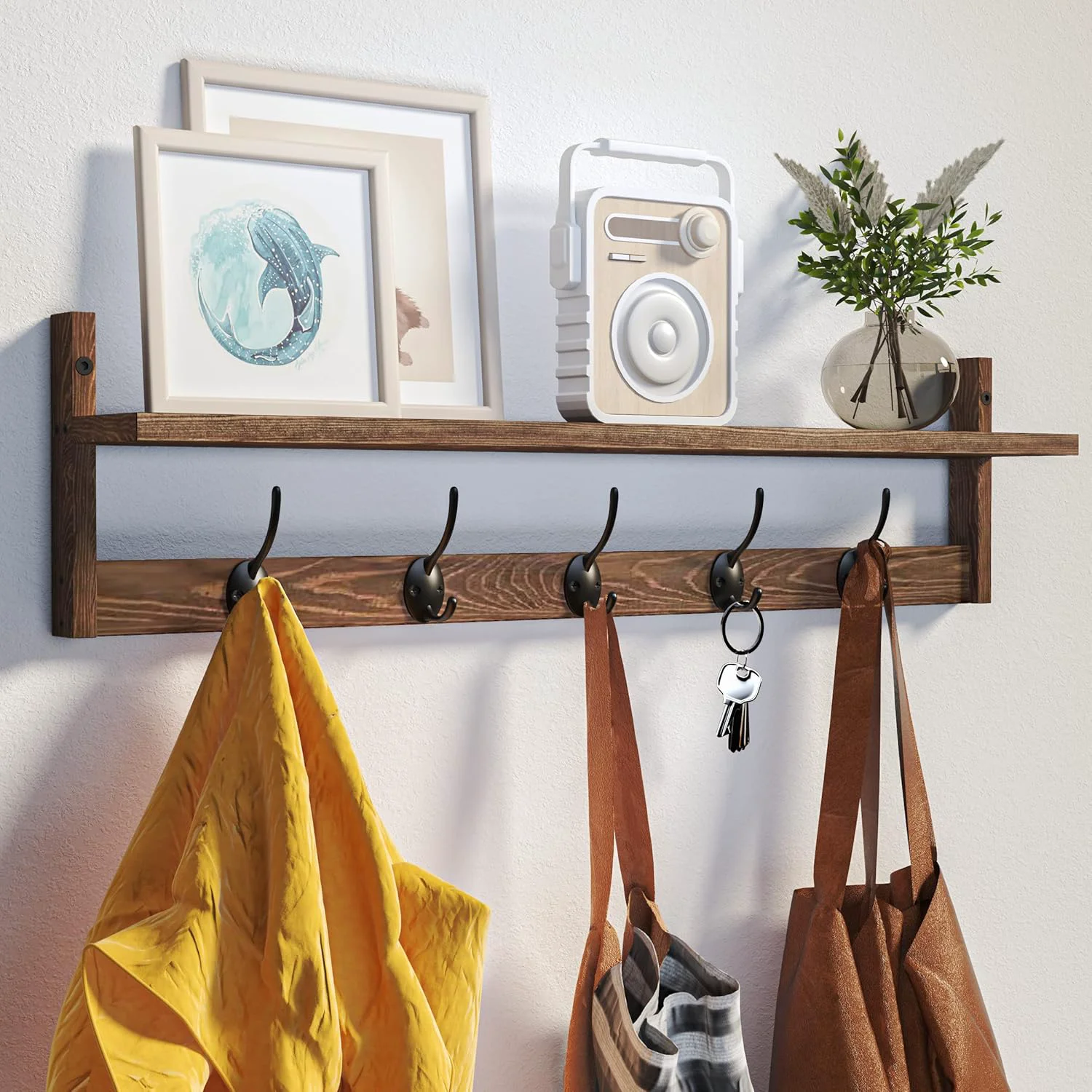 Healthy Bameos Wall Mounted Coat Rack with Adjustable Easy Install Rust Proof Brown Wooden Material 28.9 Inch Length Official