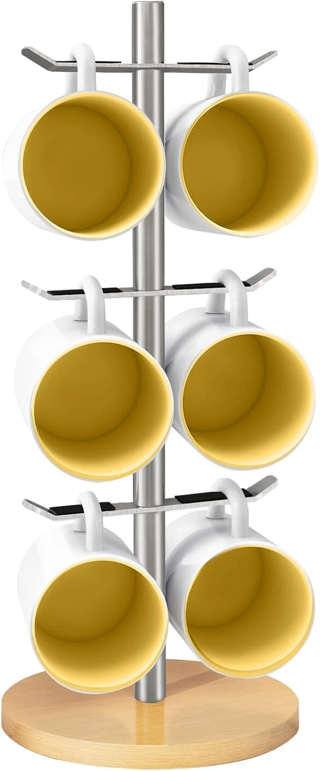Safe Mug Holder Tree Coffee Cup Holder for Countertop 6 Hooks Mug Tree Coffee Mug Rack Metal Mug Stand Brushed Nickel High-End