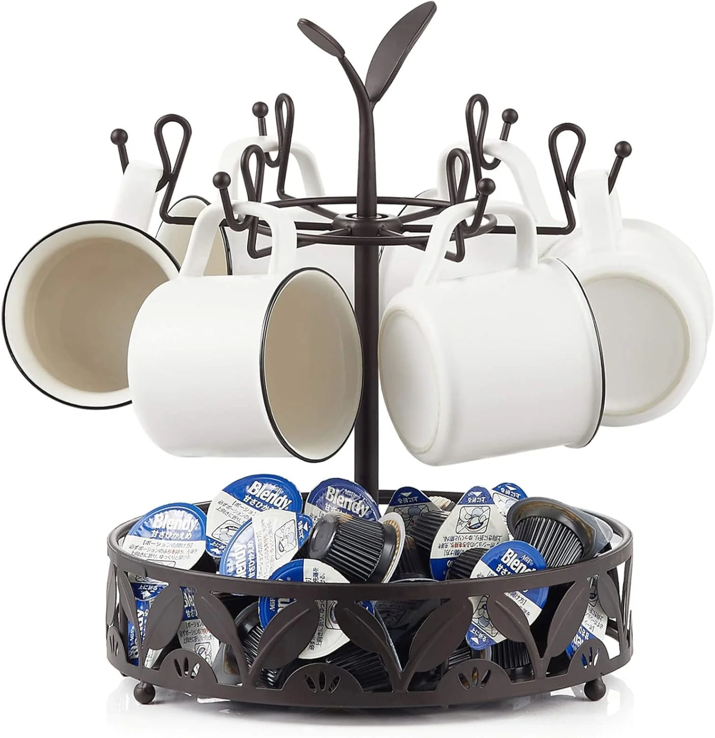Reusable Coffee Mug Holder with Coffee Pod Basket Storage Rotatable 6-capacity Cup Mug Holder Tree Coffee Counter Bar Accessory Kitchen Organizer Smooth