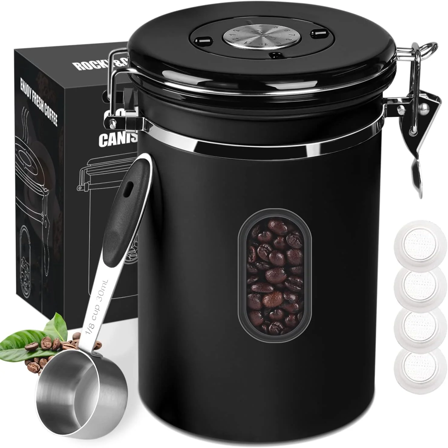 Next-Generation 1500ML Airtight Coffee Canister with Date Tracker Transparent Window 18OZ Coffe Beans Storage with 30ML Measure Spoon 4 co2 Valve Smart