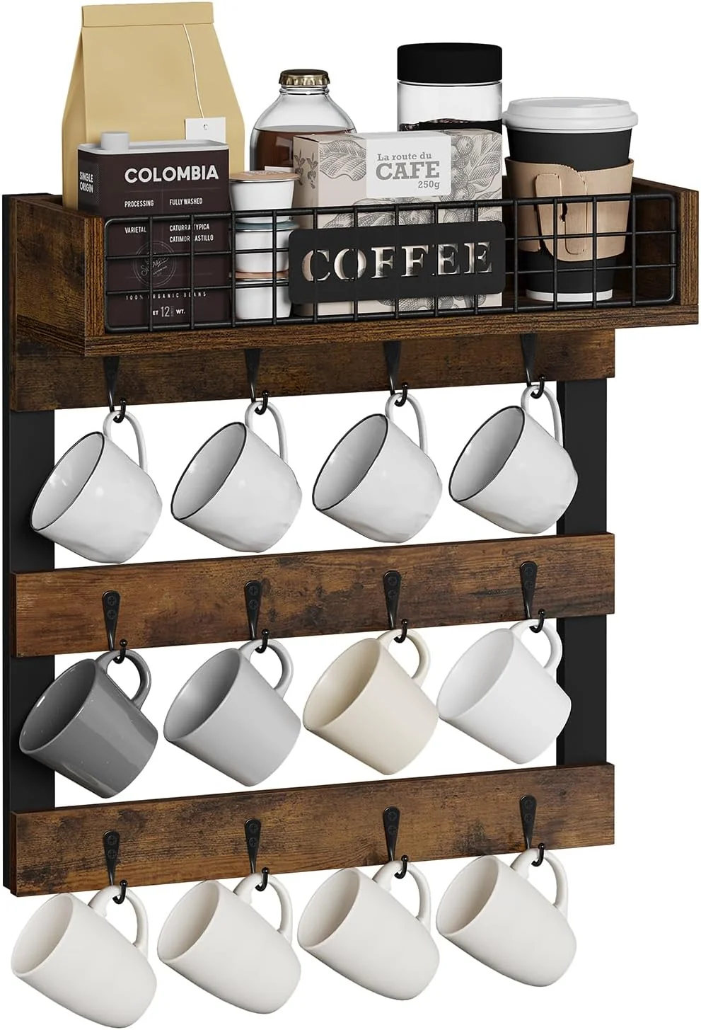 Versatile Yinmit Coffee Mug Holder Wall Mounted Wood Mug Racks with 12 Hooks Coffee Cup Holder for Wall with Storage Shelf Cups Rack for Home Kitchen Premium