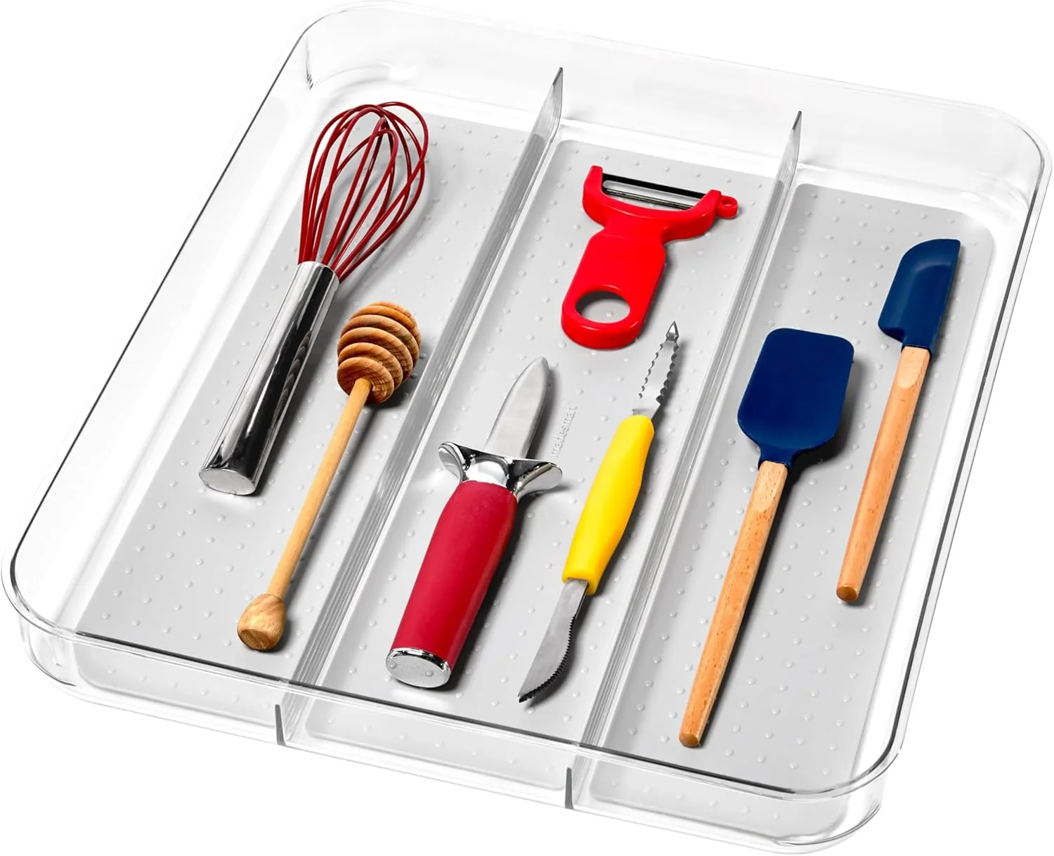 Green madesmart Utensil Tray – Large Light Grey Clear Soft Grip Collection 3-compartment Soft-grip Lining Non-slip Feet BPA- First-Class
