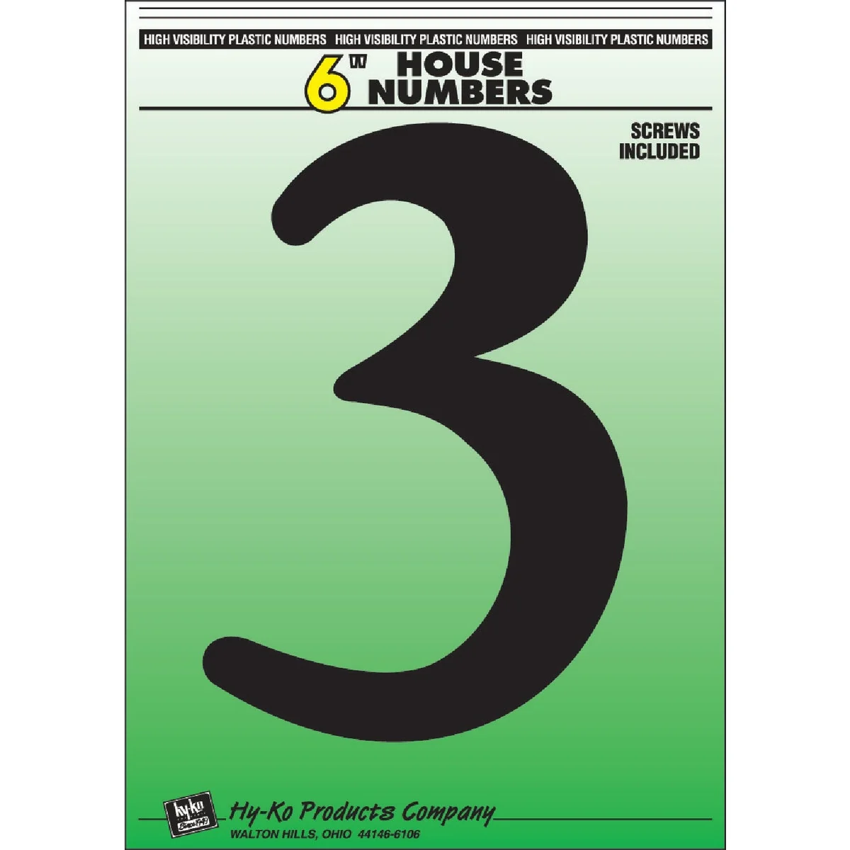 Outstanding Hy-Ko 6 In. Black Gloss House Number Three Lightweight