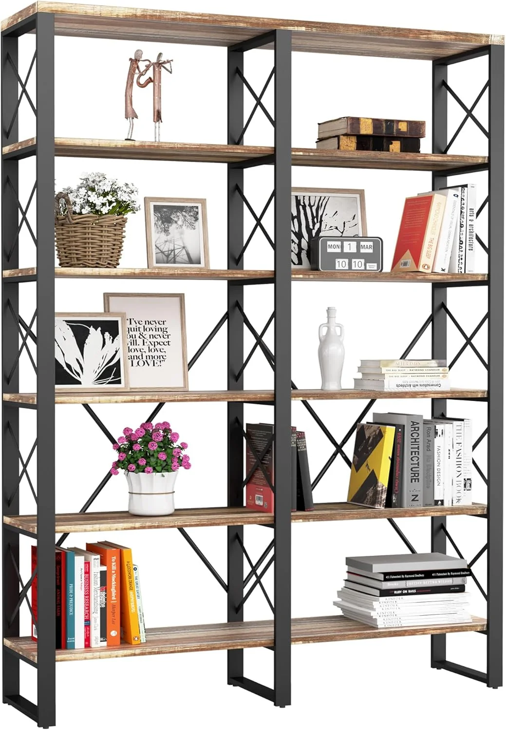 Smart Ironck Bookshelves Double Wide 6-Tier 76 H Open Large Bookcase Industrial Style Shelves for Home Office Easy Assembly Next-Generation