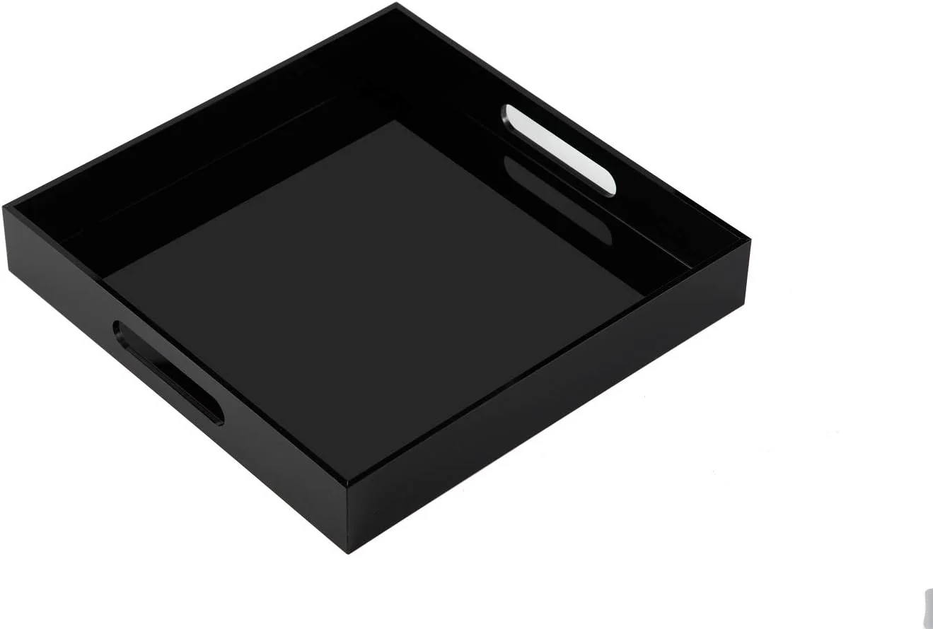 Eco-Friendly Glossy Black Acrylic Serving Tray – 14x14Inch Multipurpose Sturdy Modern Style Spill Proof Countertop Organizer Vanity Table Tray Next-Generation