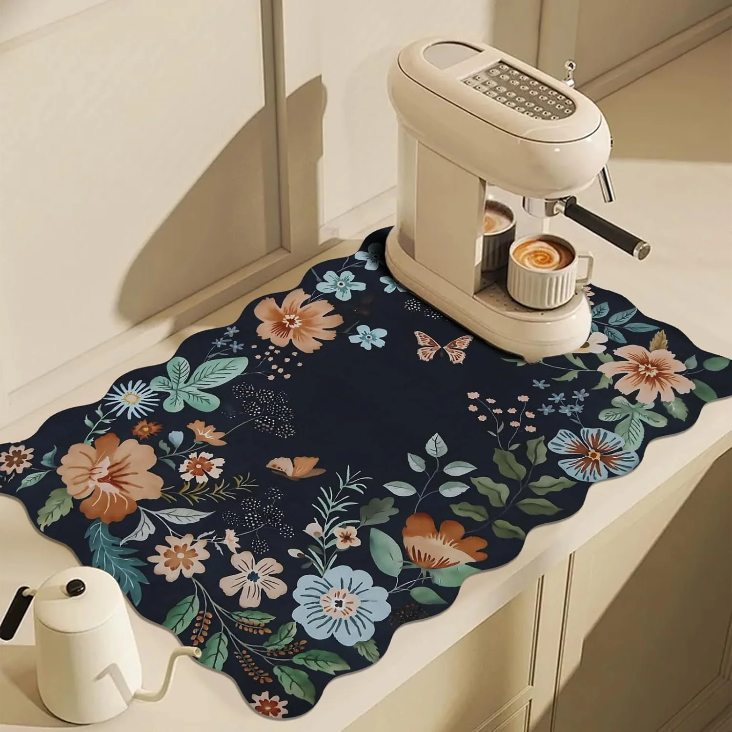 Practical Scalloped Bohemian Coffee Bar Mat Dish Drying Mats for Kitchen Counter Kitchen Decor 16 x24 Black Proven