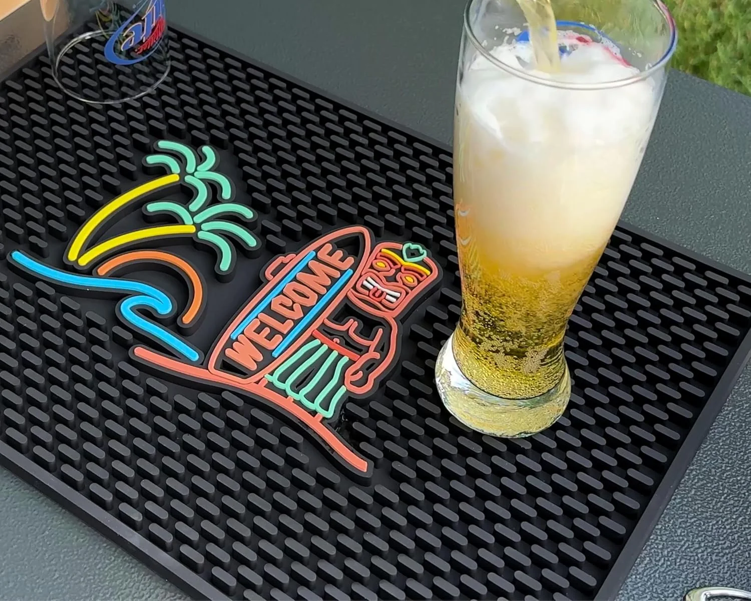 Crafted Tiki Bar Mats for Countertop 18 x 12 Tiki Bar Decor Mat Unique Tiki Man Warrior Design with Surfboard Welcome Greeting Tiki Decor Exclusive