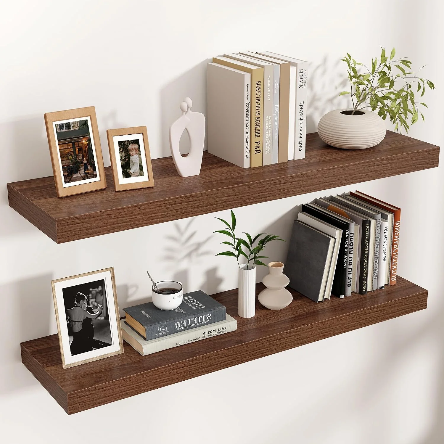 Healthy 36 Inch Floating Shelves for Wall 9 D Wood Storage Shelves Walnut Finish Environmentally Friendly