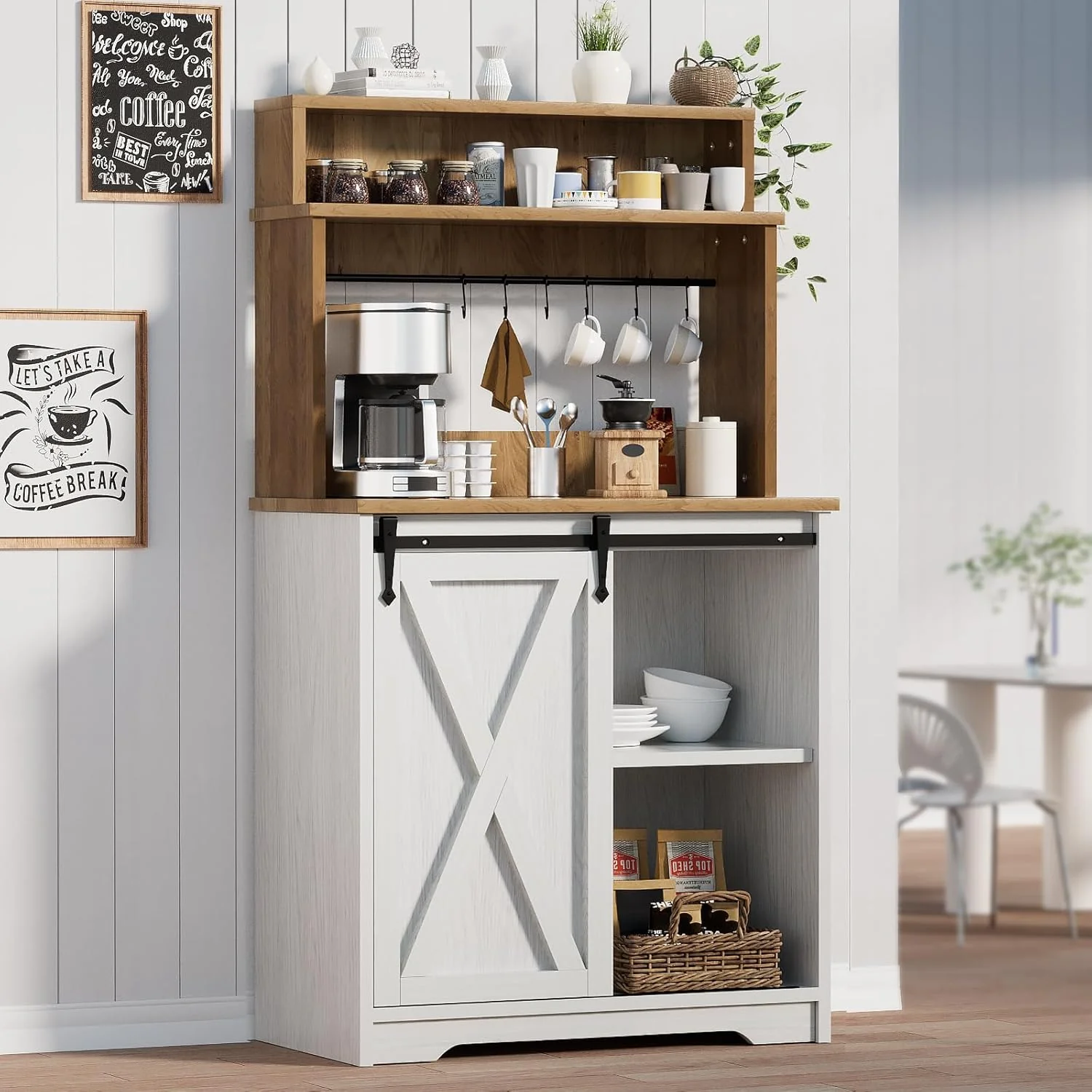 Natural Farmhouse Coffee Station with 3 Tier Storage Hutch 6 Hooks – 56 Inch Small Coffee Bar Table with Adjustable Shelves for Living Dining Room Original